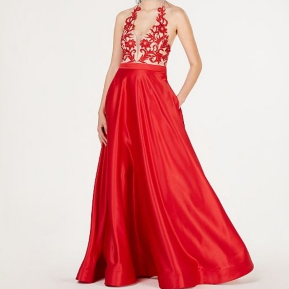 TLC Say Yes To The Prom Elegant Red Halter Evening Gown - Picture 2 of 11